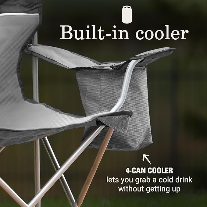 Grey Portable Camp Chair with 4-Can Arm Cooler and Carry Bag