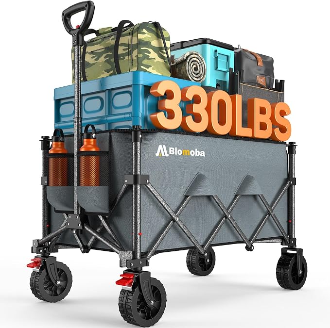 Collapsible Wagon Cart with Wider Wheels, 330lbs Heavy Duty Foldable Beach by Blomoba