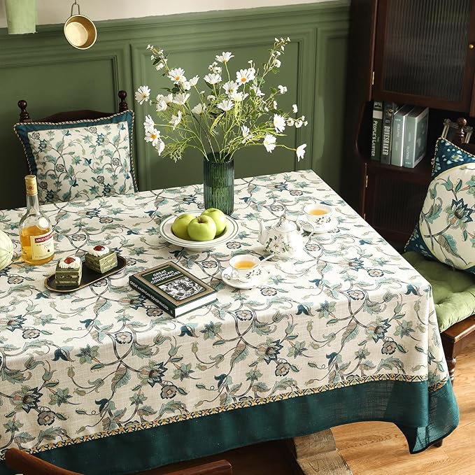 patdrea Designer Green Linen Rectangle Tablecloth, Vintage Floral Pattern - Image 9