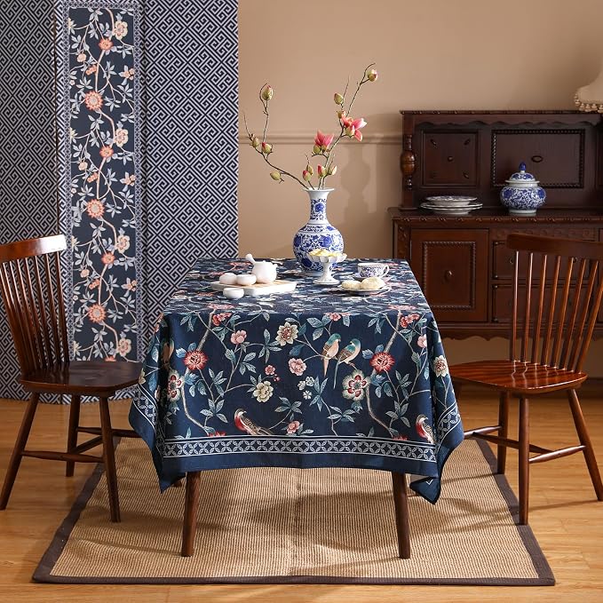 patdrea Designer Dark Blue Linen Rectangle Tablecloth, Vintage Navy French - Image 7