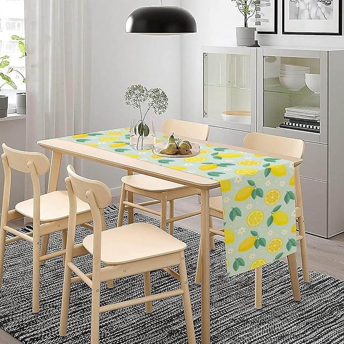 Spring Lemon Table Runner, Summer Seasonal Green Leaves Flowers Yellow Fruit - Image 5