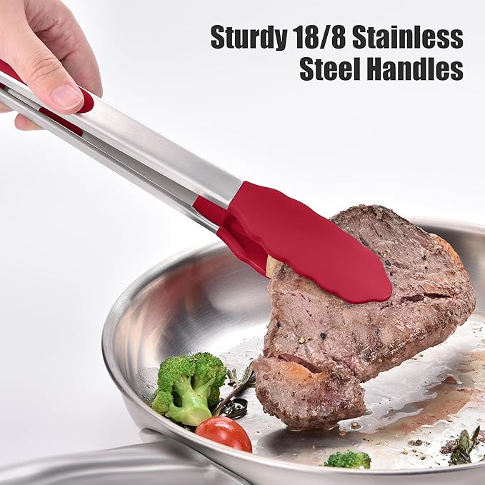 Tongs with Silicone Tips, Stainless Steel, 600°F Heat Resistant, Red