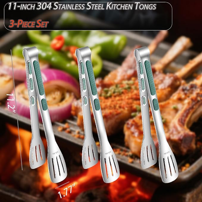 Tongs for Grilling and Cooking, 3-Piece Stainless Steel Set in Green