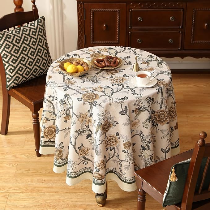 ISAENNE Designer Vintage Linen Round Table Cloth, Floral and Bird Pattern - Image 5