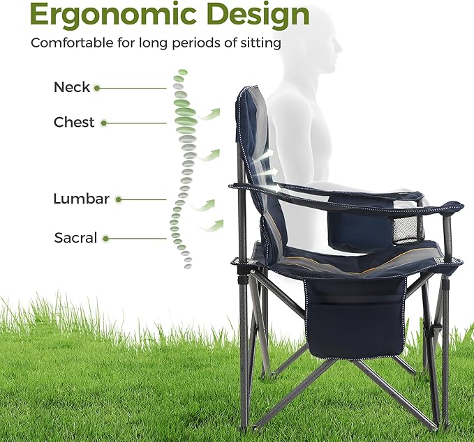 Oversized Camping Chair, Navy Blue, 500 lb Capacity, Built-In Cooler Bag
