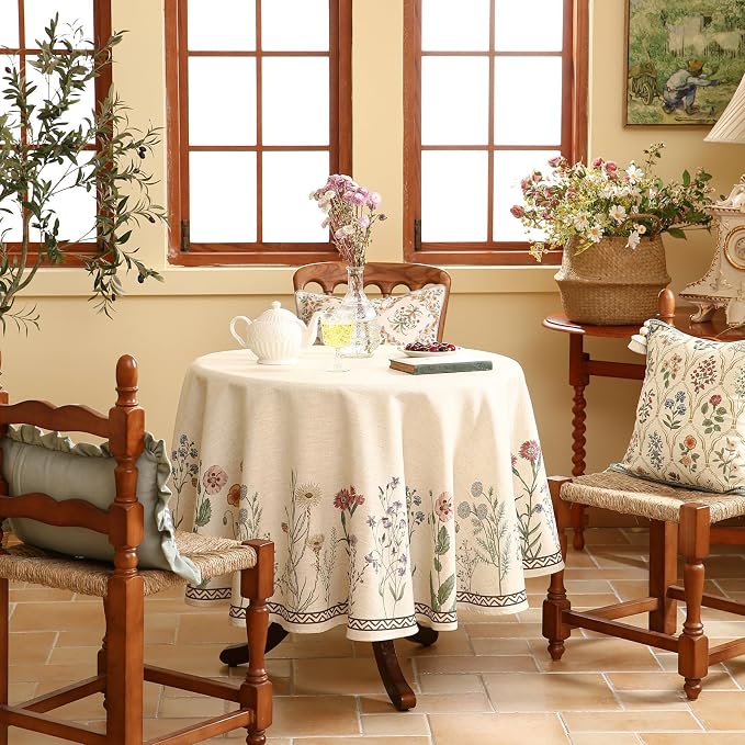 ISAENNE Designer Off White Linen Small Round Tablecloth, Floral Elegant Table - Image 2