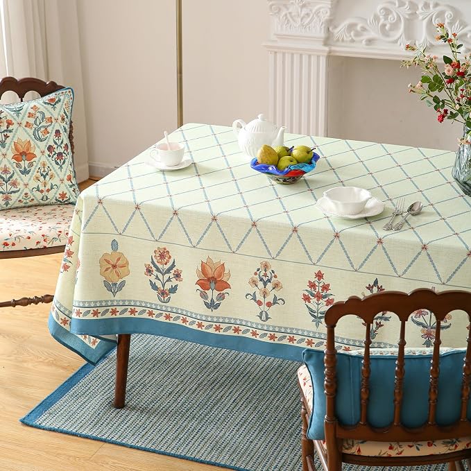 ISAENNE Designer Linen Floral Small Rectangle Tablecloth, Light Green Farmhouse - Image 9