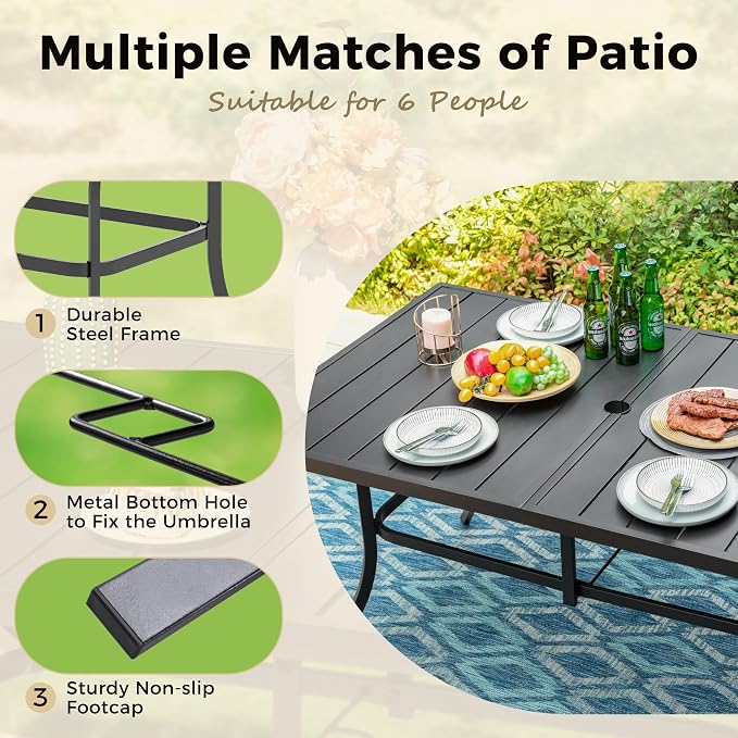 Outdoor Patio Dining Table for 6, All Weather Wrought Iron Black Outdoor Table - Image 5