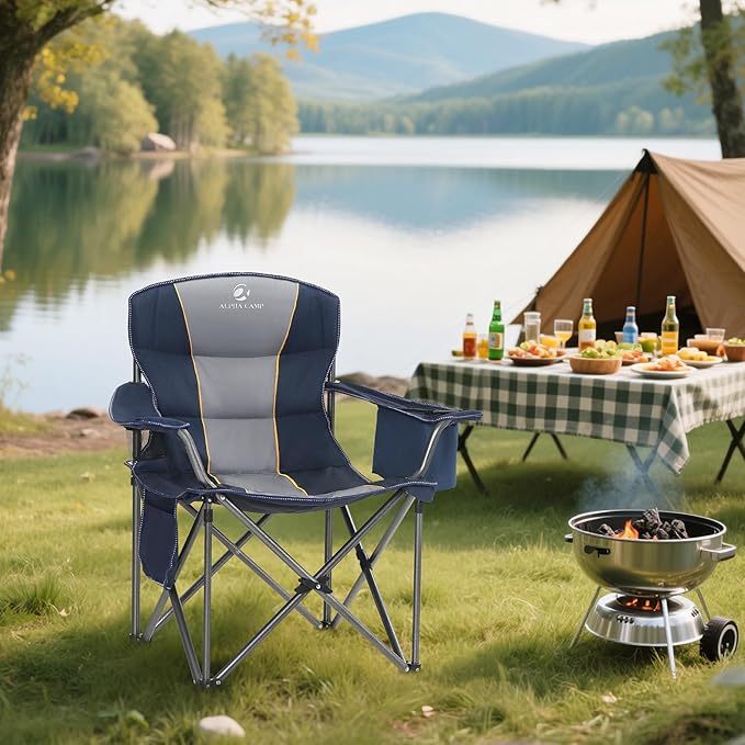 Folding Chair Navy Blue with Padded Armrests and 450 lb Capacity