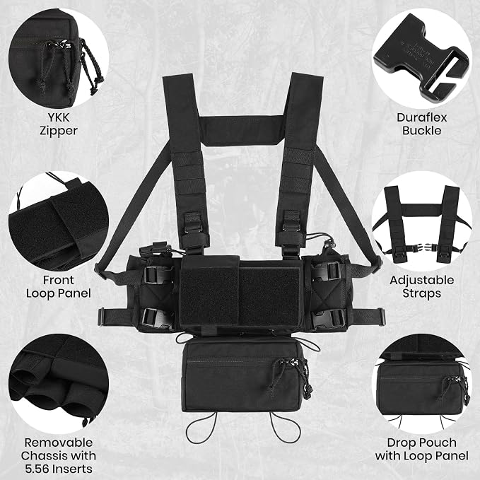 Tactical Chest Rig, MOLLE Compatible Plate Carrier System, 5.56/7.62 Mag Pouches - Image 4