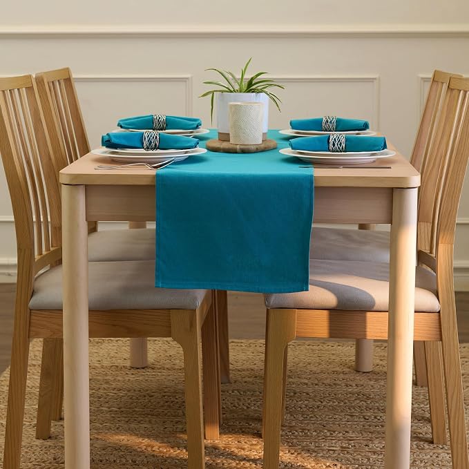 Encasa XO Table Runner 13"x104" Long | Cotton Canvas Fabric | Azul Blue Solid - Image 4