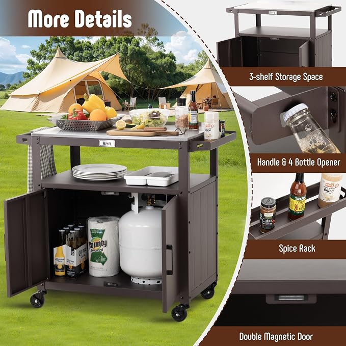 Outdoor Grill Cart with Stainless Steel Tabletop and Storage Cabinet, Movable - Image 6