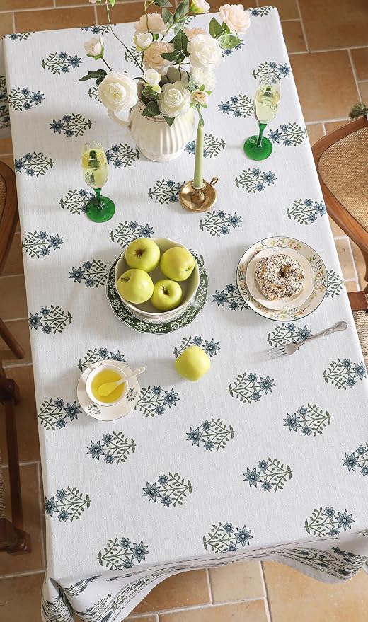 ISAENNE Designer White Linen Long Tablecloth Rectangle, Chinoiserie Floral - Image 4