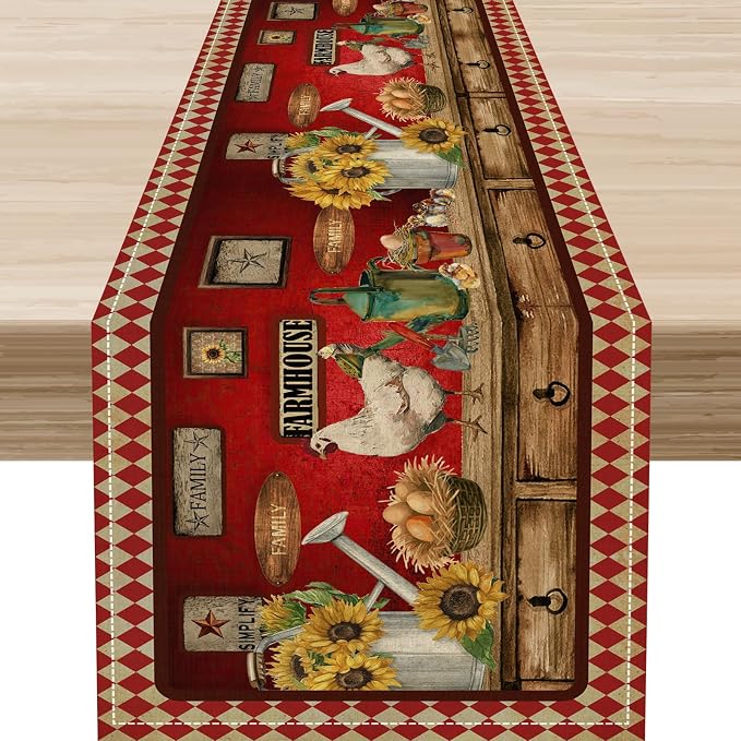 Rooster Table Runner, Rustic Farmhouse Country Cottage Farm Animal Sunflower by Unknown