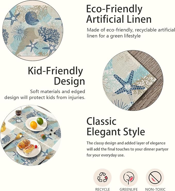 Ocean Coral Placemats Set of 6, Shells Algae Reefs Table Mats Non-Slip Heat - Image 3