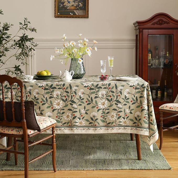 ISAENNE Designer Green Linen Long Rectangle Tablecloth, Floral French Country - Image 2
