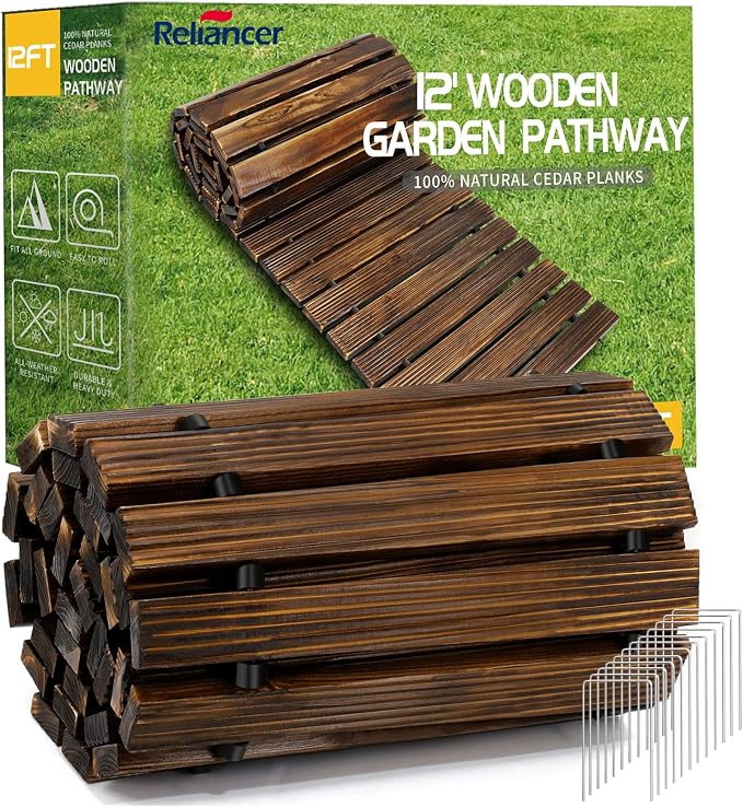 RELIANCER 12' Wooden Garden Pathway, Outdoor Roll Out Cedar Straight Walkway by RELIANCER