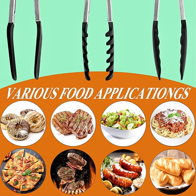 Silicone Tip Tongs Set, 3-Piece 9-Inch Black Stainless Steel