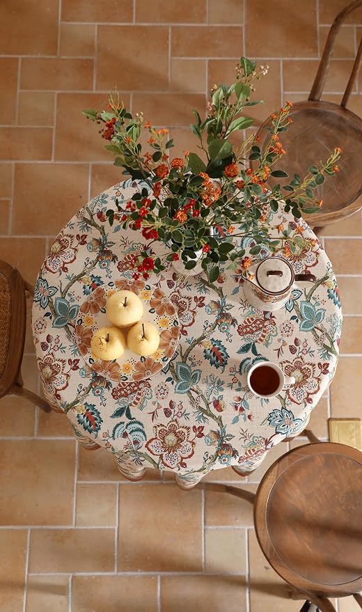Designer Linen Round Tablecloth, Vintage Indian Style Wrinkle Free Block Print - Image 4