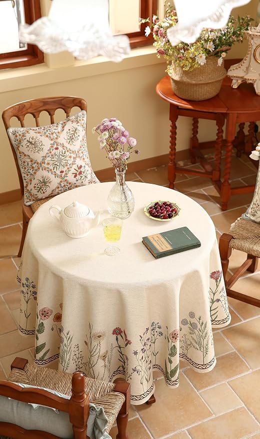 ISAENNE Designer Off White Linen Round Tablecloth, Floral Elegant Table Cloth - Image 8