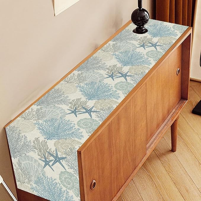 Nautical Table Runner, Summer Coastal Starfish Seashells Coral Tropical Ocean - Image 3