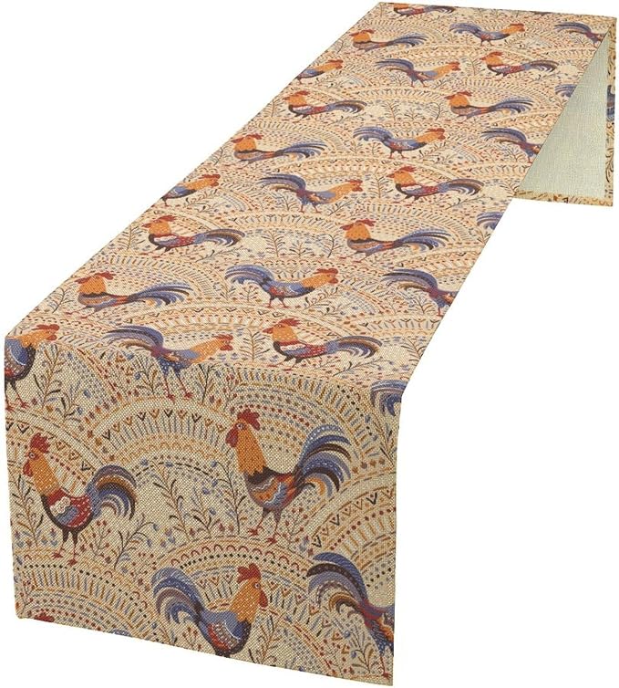 Cute Roosters Table Runner, Boho Rustic Cock Chicken Vintage Arch Floral Plants by JanJCurt