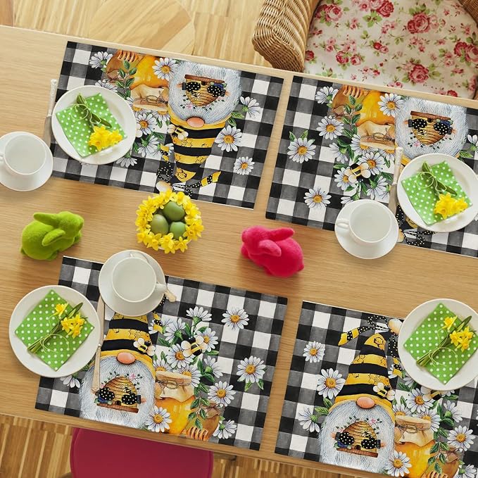 Seliem Spring Bee Gnome Daisy Placemats Set of 4, Honey Black White Buffalo - Image 7