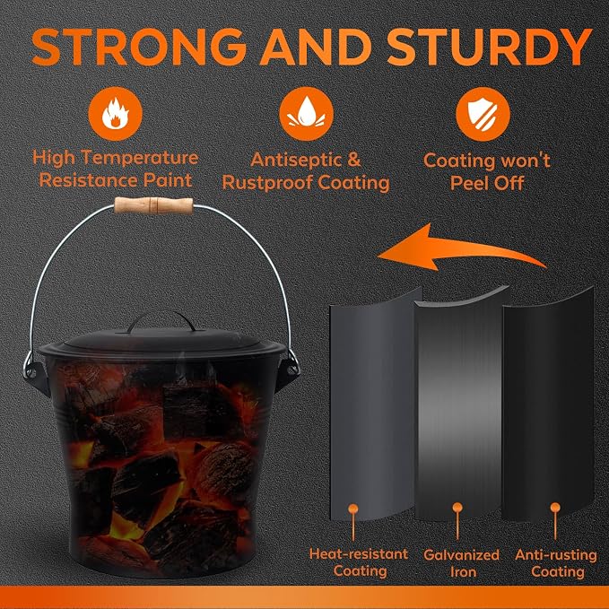 Ash Bucket with Lid and Shovel, 2.6 Gallon Metal Fireplace Ash Bucket with Broom - Image 5