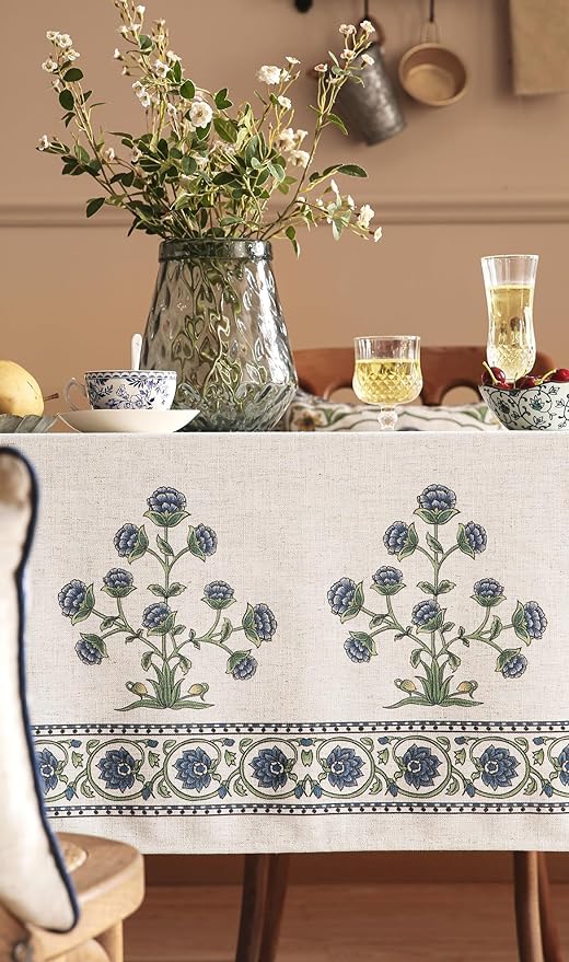 patdrea Designer Linen Vintage Long Blue Rectangle Tablecloth, Leaves Pattern - Image 5