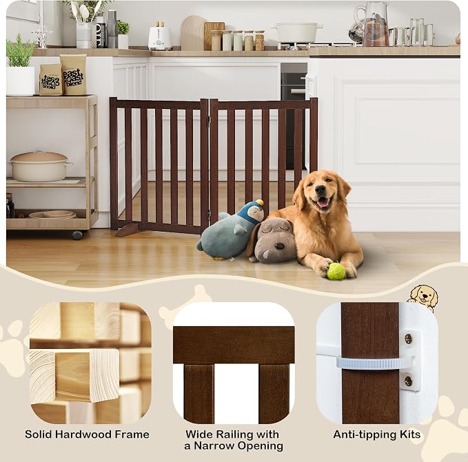 24" Height Tall Freestanding Pet Gate, Solid Wood Folding Safety Fence Wooden - Image 4