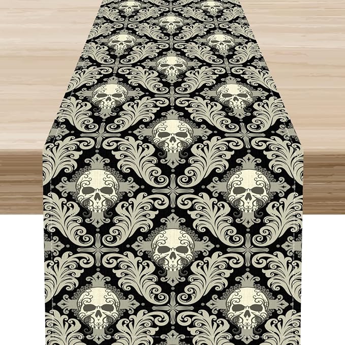 Skull Table Runner, Retro Antique Gothic Damask Pattern Classic Halloween Boho by Unknown