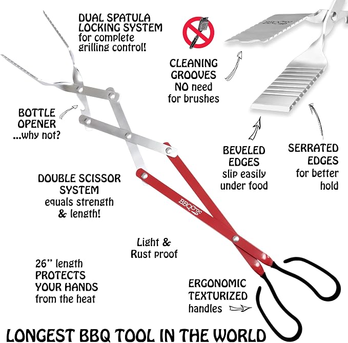 BBQCroc 3-in-1 Barbecue Tool 26-inch Extra Light and Super Long Heavy Duty Tongs - Image 3
