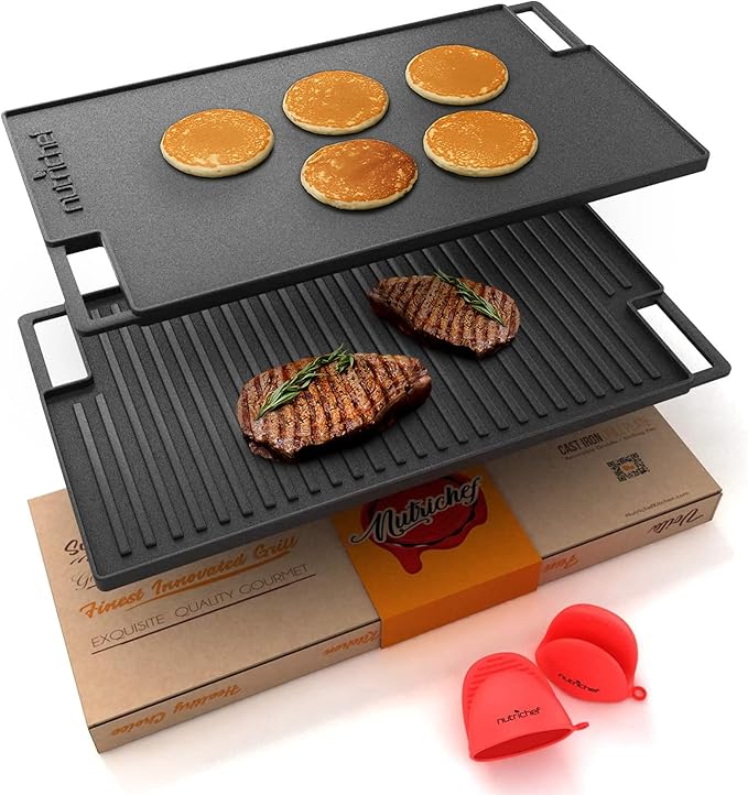 NutriChef Cast Iron Reversible Grill Plate – 18 Inch Flat & Ridged Skillet by NutriChef%E2%84%A2Kitchen