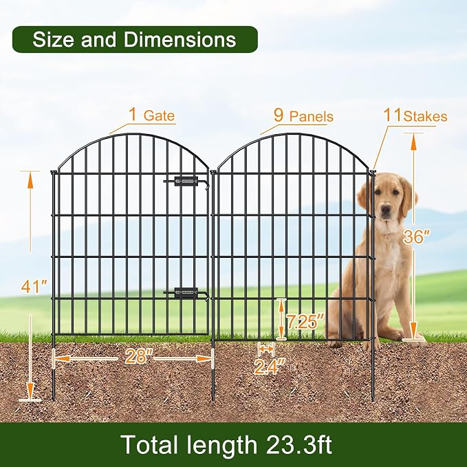 Metal Garden Fence with Gate 36in x 23.3ft, 1 Gate+ 9 Panels Dog Fence Border - Image 3