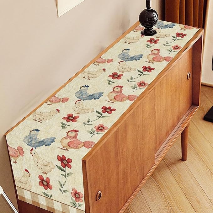 Farmhouse Rooster Table Runner, Rustic Farm Chicken Brown Plaid Flower Plant - Image 3