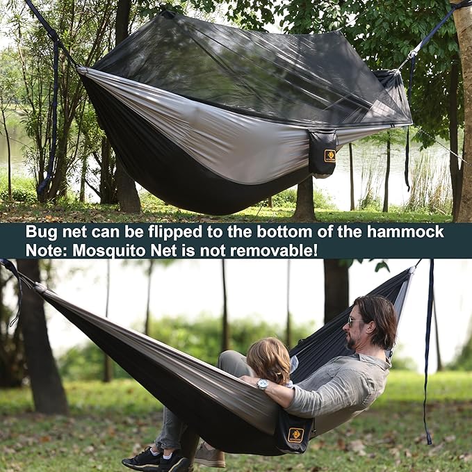 Hammock with Mesh Bug Net, Parachute Nylon, Black and Grey