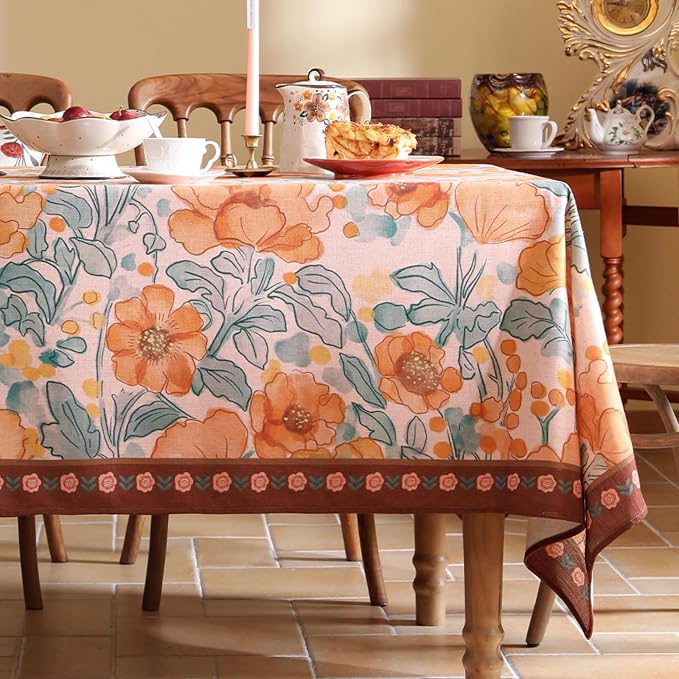 Vintage Linen Rectangle Tablecloth, Italian Orange Floral Pattern Soft and - Image 2