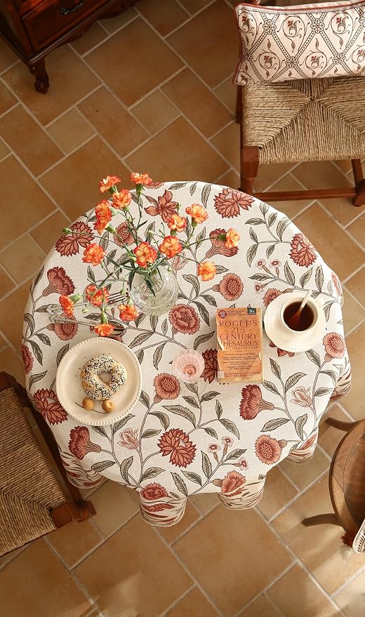 ISAENNE Designer French Round Tablecloth, Linen Orange Floral Pattern Indoor - Image 8