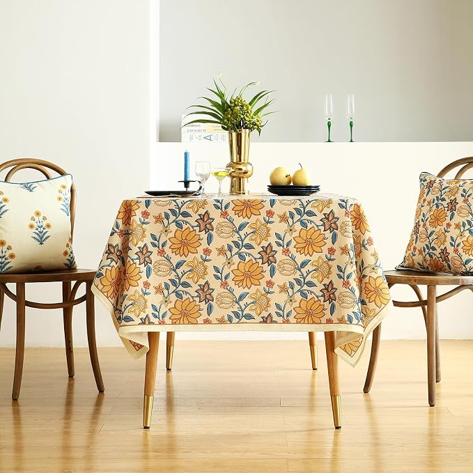 ISAENNE Designer Bohemian Floral Long Rectangle Table Cloth, Linen Colorful - Image 3