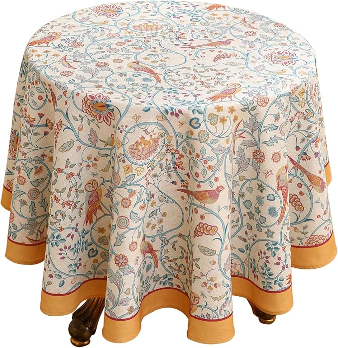 patdrea Designer Yellow French Round Tablecloth, Rustic Linen Floral Birds by Welcometopatdrea