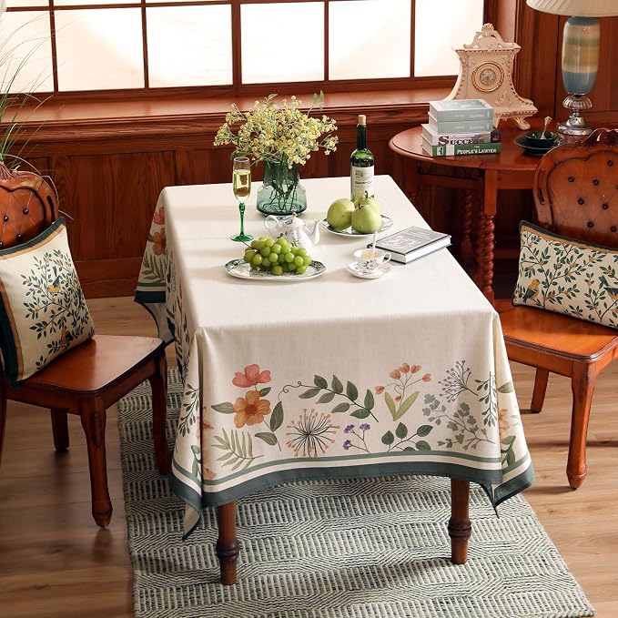 Beige Linen Small Rectangle Tablecloth, Vintage French Shabby Chic Floral - Image 3