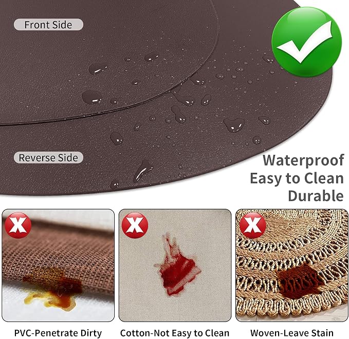 Herda Brown Placemats Set of 6 Round Faux Leather Non-Slip Place Mats Wipeable - Image 2