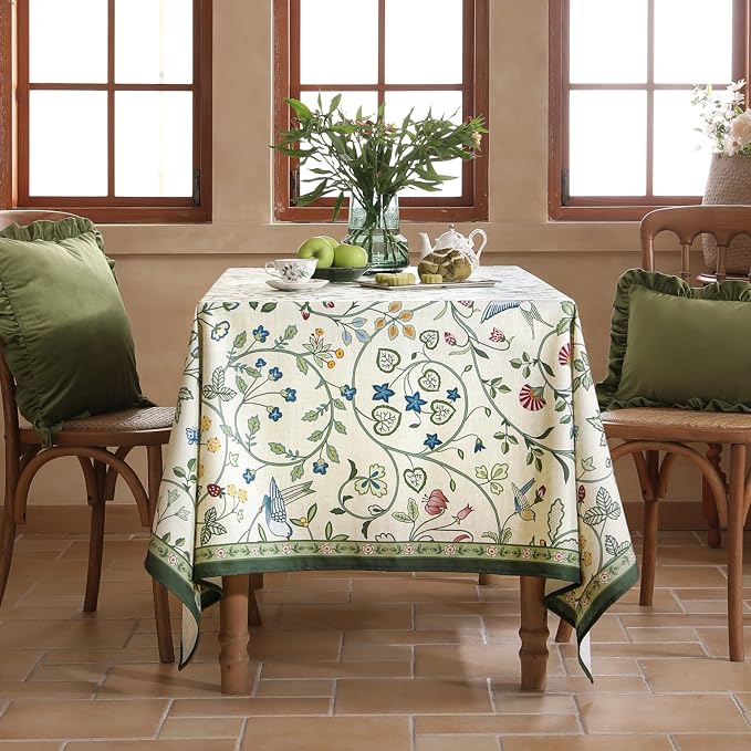 Linen Table Cloth Rectangle, Wrinkle Resistant French White and Green - Image 8