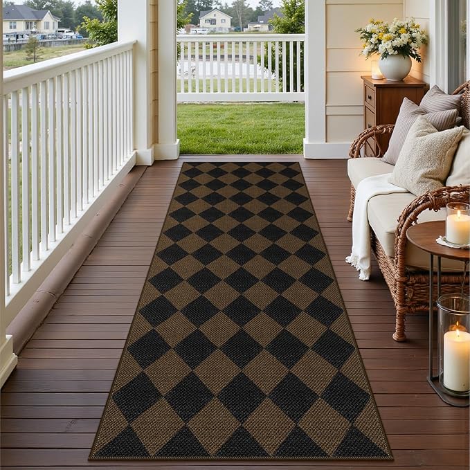 Easy Jute Checkered Runner Rug, 2.6x8 Coffee Modern Washable Rugs Runner by Rugalia
