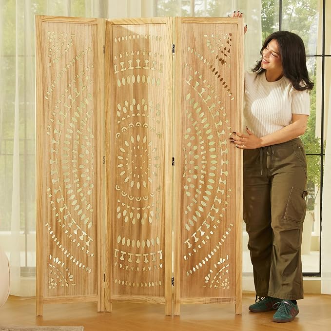 Room Divider Wood Carved Wall Divider Indoor Folding Bohemian Style Portable by Svimi