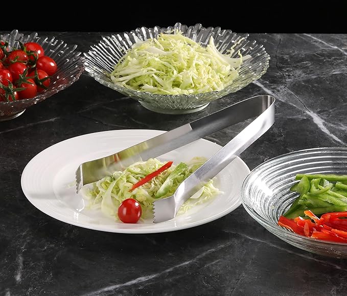 Serving Tongs, Stainless Steel with Serrated Tips, Satin Silver, 9 Inch