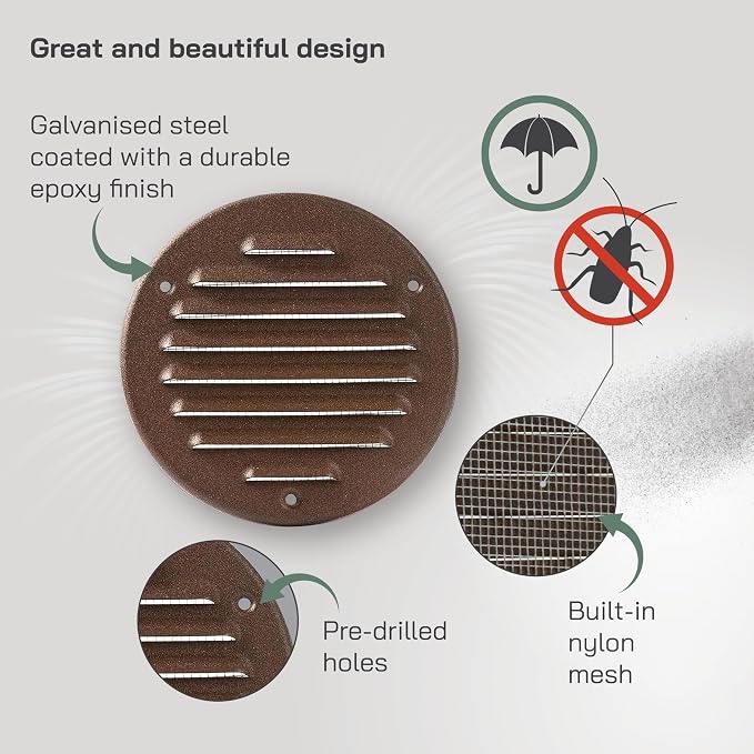 Vent Systems - 4 Inch Pack of 10 Brown Metal Round Soffit Air Vent Grille Cover - Image 3