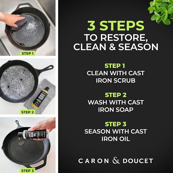 CARON & DOUCET – Ultimate Cast Iron Set PLUS: Seasoning Oil, Cleaning Soap & - Image 6