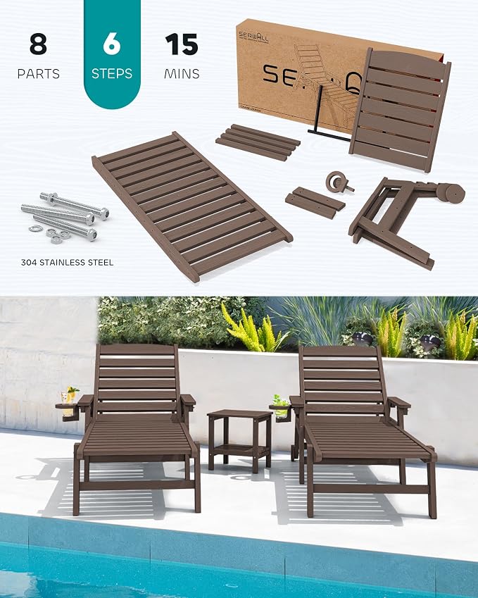 SERWALL Patio Chaise Lounge Chair Set of 2, Poly Lounge Chair - Image 5