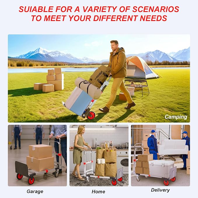 Upgraded 3 in 1 Aluminum Folding Hand Truck, 600lbs Capacity, Heavy Duty - Image 9